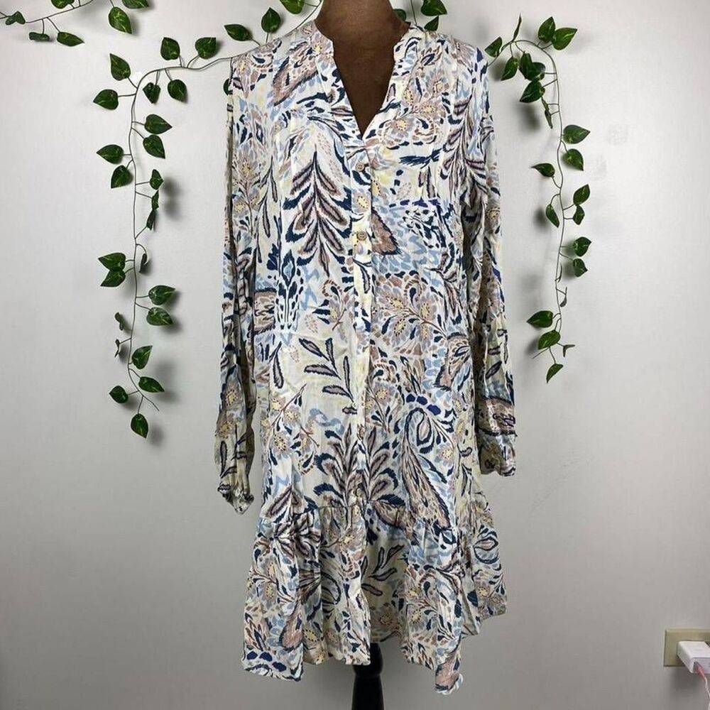 Buffalo Jeans boho midi dress ruffle hem pleated v-neck tunic top dress prairie